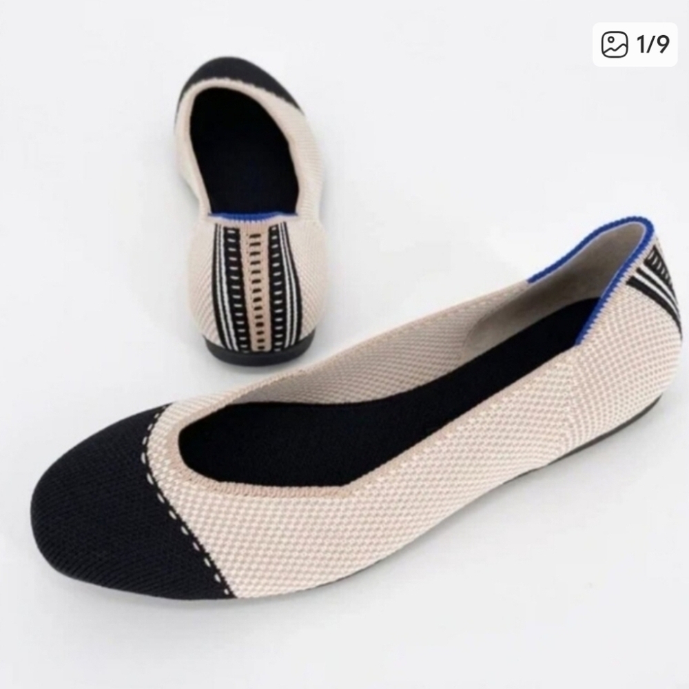 Rothy's The Square Toe Ballet Flat In Classic  Cream And Black Tuxedo Captoe
